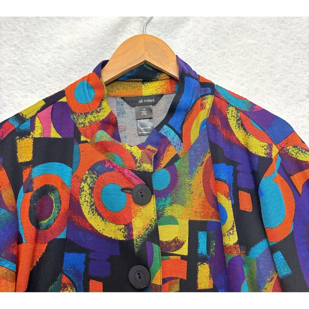 Ali Miles Tunic Sz 1X Button Down Wearable Art Lagenlook Pop Art Eclectic Top - Picture 3 of 8
